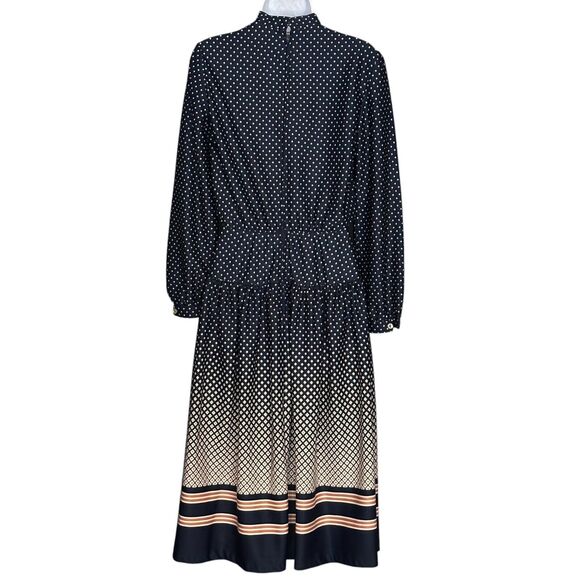 Vintage 70s R&K Knits Midi Dress Navy Blue Retro Scarf Neck Long Sleeve Sz Small - Picture 8 of 10